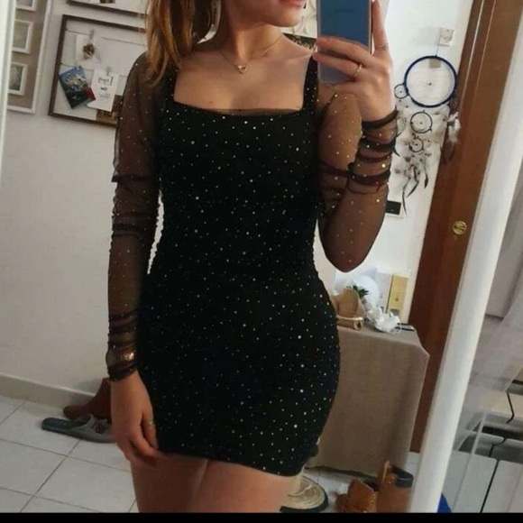 A6 - 311 Double crazy size med black long sleeve sheer & mesh rhinestone dress - Picture 11 of 15